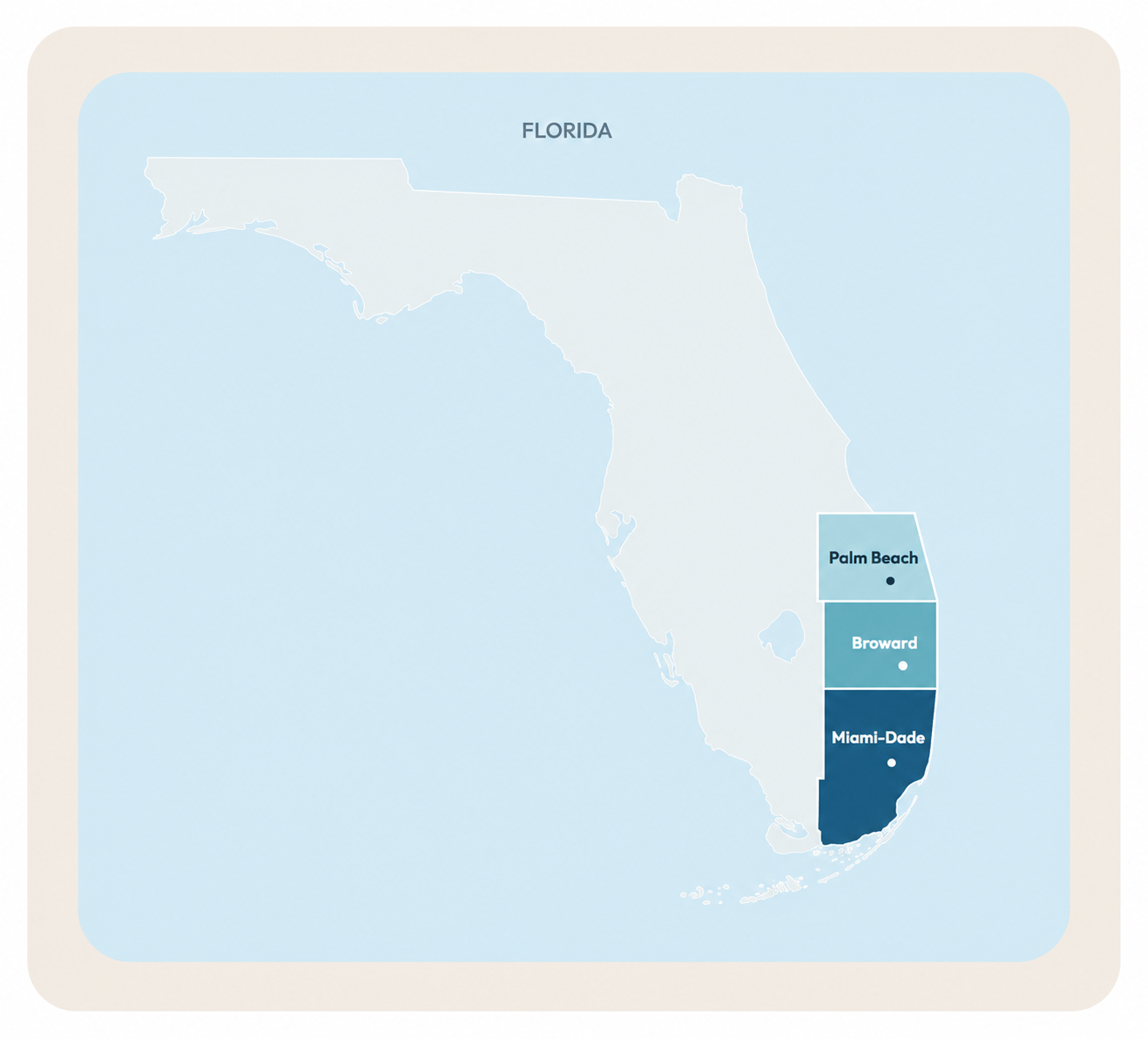 Map of Florida highlighting Miami-Dade, Broward, and Palm Beach counties