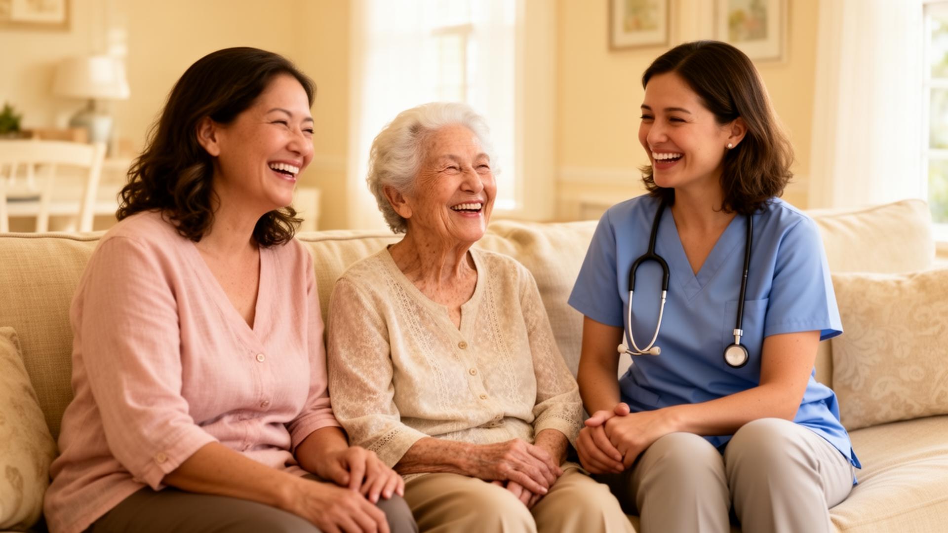 A multigenerational family laughing on a sofa with a caregiver