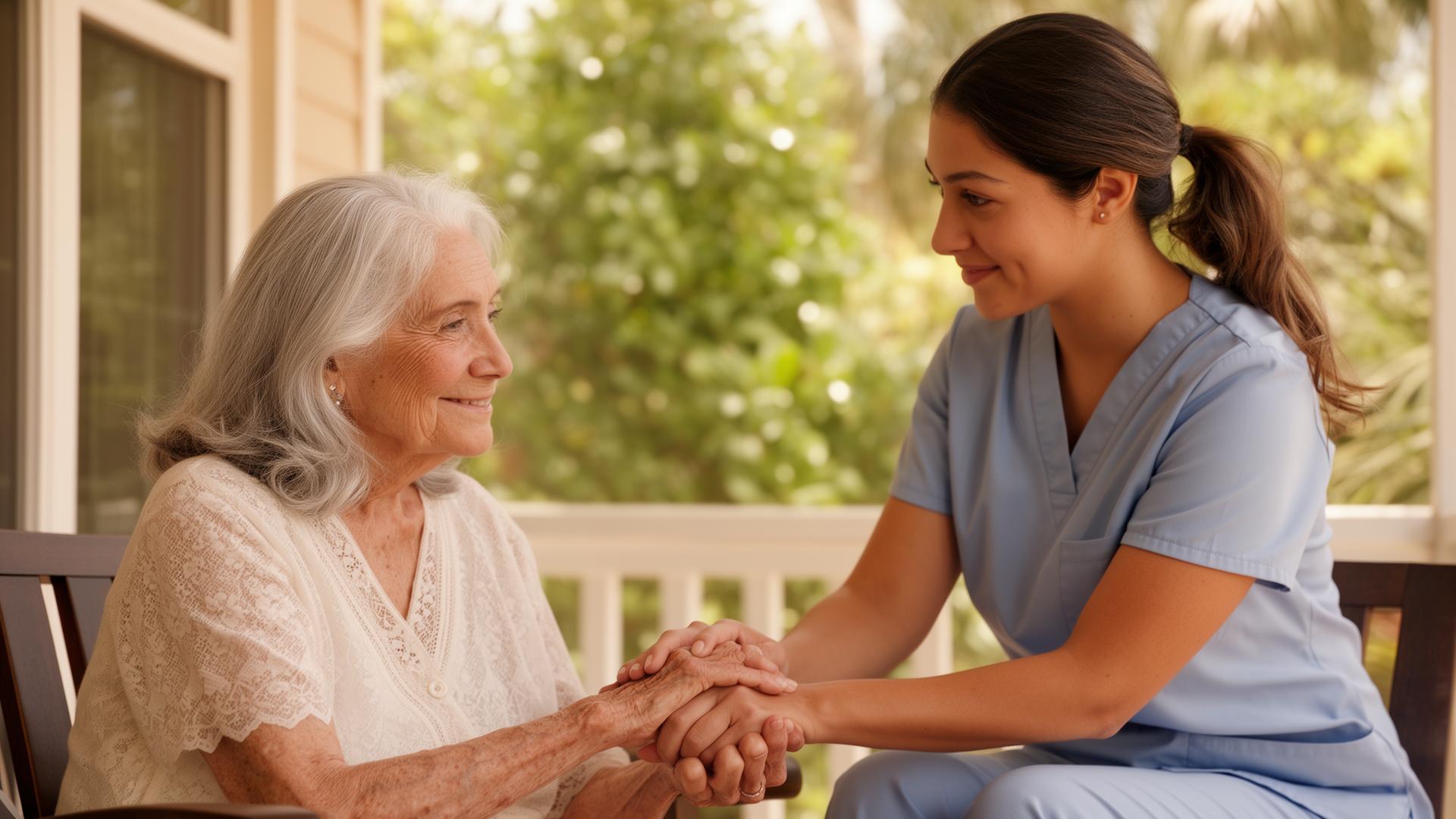 A caregiver gently holding hands with a smiling elderly client on a sunlit porch